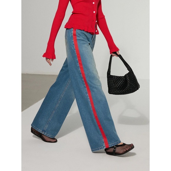 Commense Denim - Commense Womens Wide Leg Jeans Red Side Stripe Light Wash Denim Size M NEW